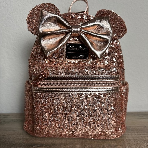 Loungefly Mini Backpack Disney Parks Exclusive Rose Gold Sequin Mini Backpack - Picture 2 of 6